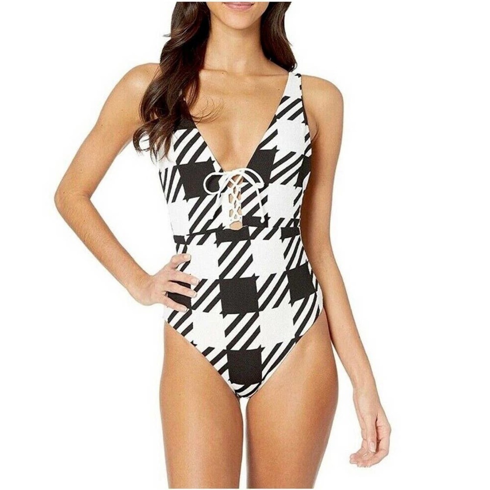 ONIA Iona Textured Houndstooth Lace-Up Swimsuit One Piece Women's Size S NWOT